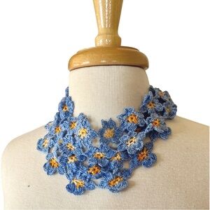 Floral Vintage Crochet Necklace in Blue and Yellow